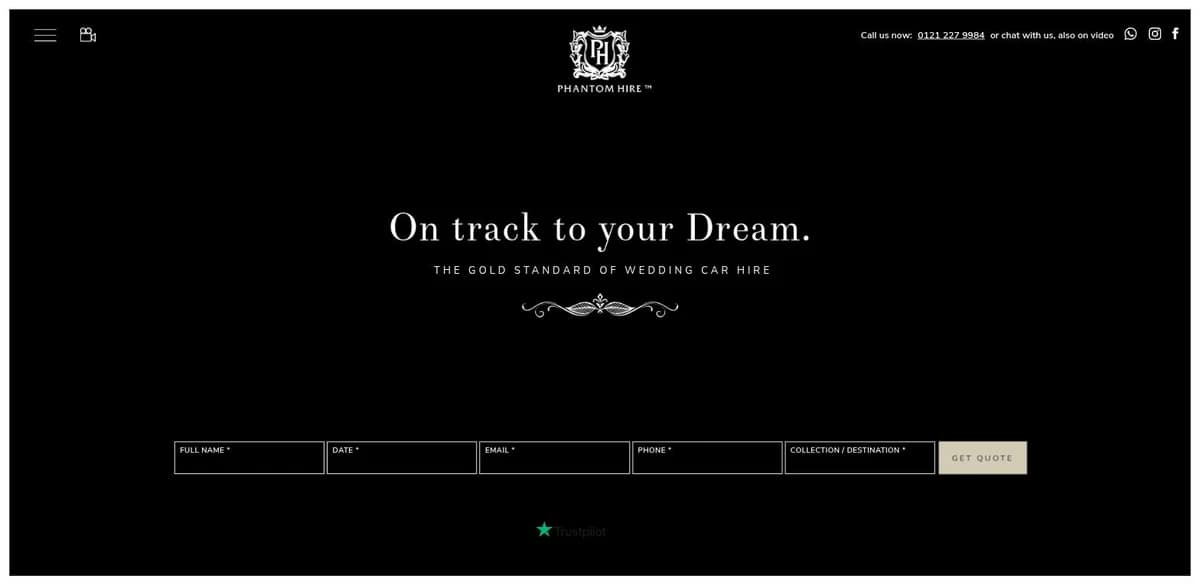Phantom Hire homepage, a luxury wedding car hire site