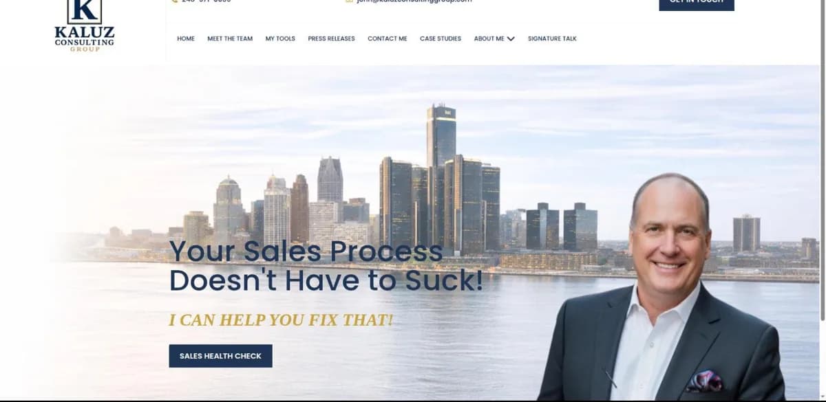 Kaluz Consulting Group homepage with the Detroit skyline and the headline Your Sales Process Doesn't Have to Suck