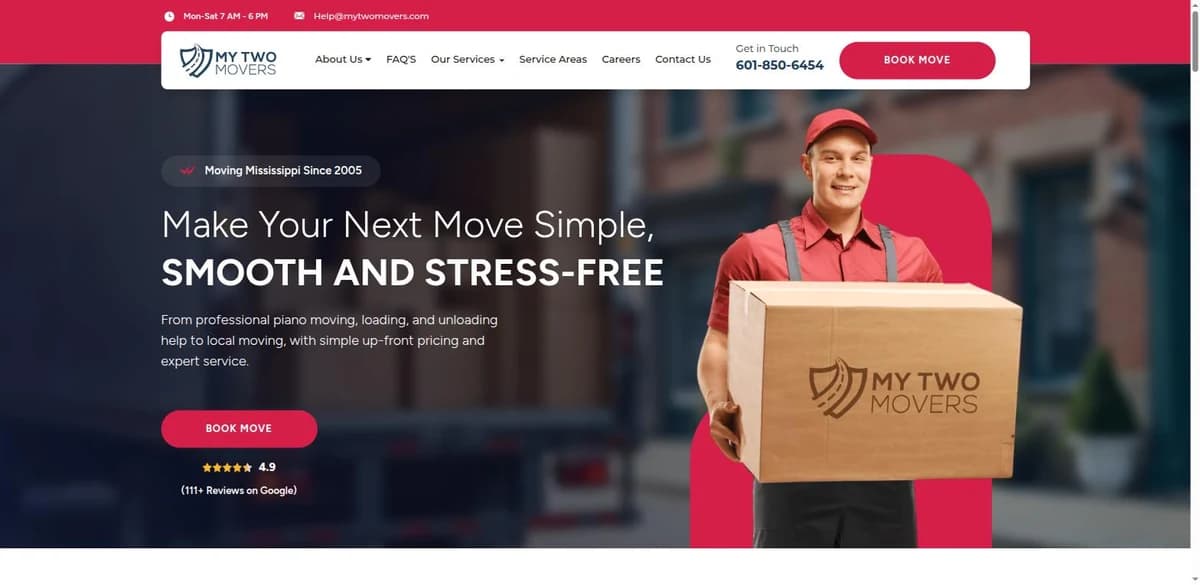 My Two Movers homepage, a local moving company site
