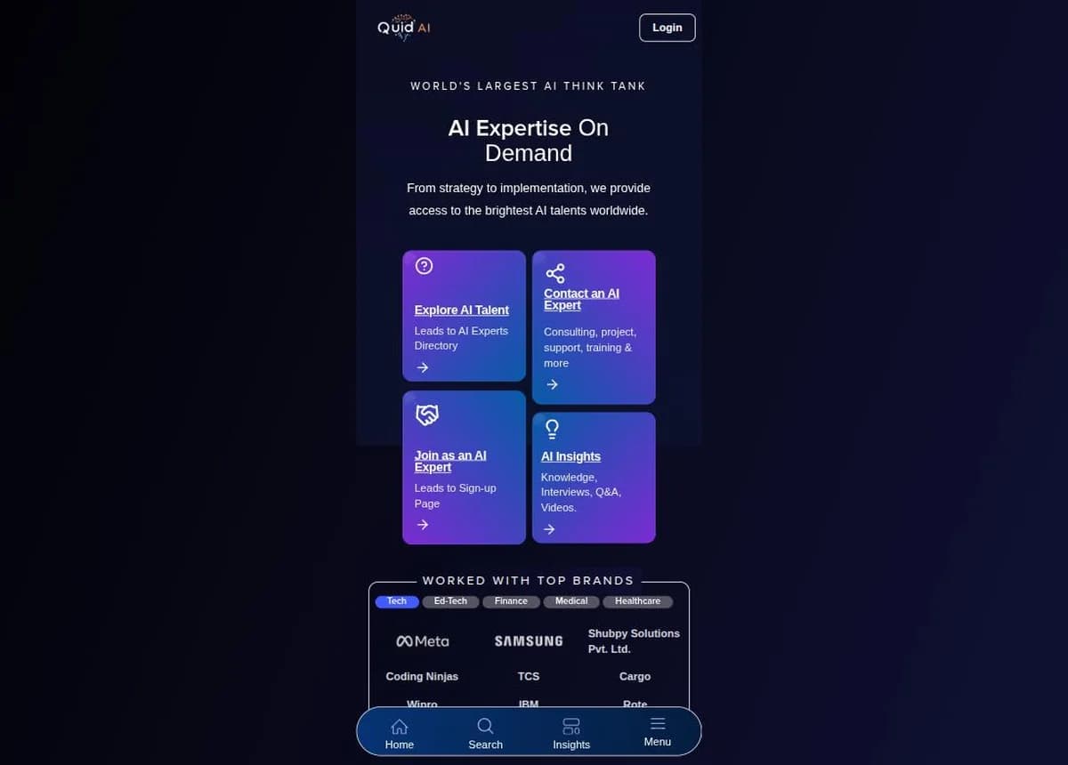 QuidAI homepage, an AI talent marketplace connecting businesses with vetted AI specialists