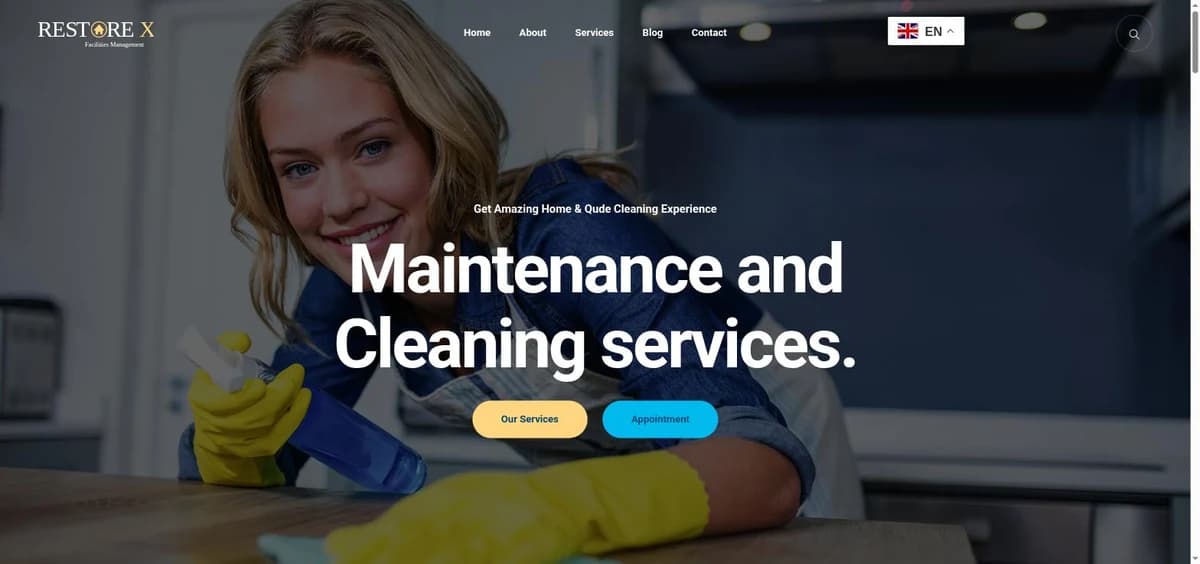 RestoreX FM homepage, a facilities-management maintenance and cleaning services site