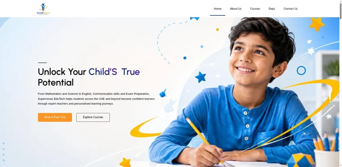 Supernovas EduTech homepage, an online tutoring platform for K-12 students