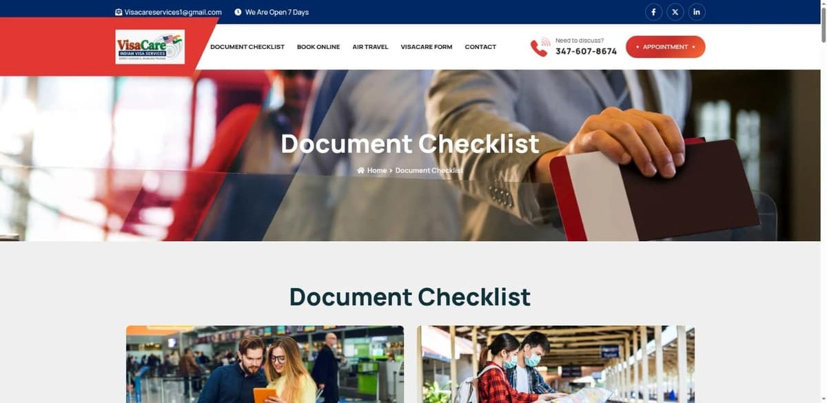 VisaCare document checklist page, listing visa and OCI service requirements