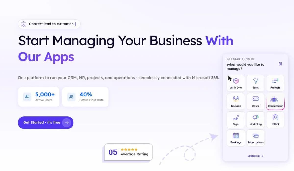 Vryno homepage: Start Managing Your Business With Our Apps, with a product picker